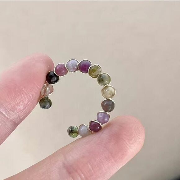 Rainbow Tourmaline Cuff Open Ring Fashion Beaded Adjustable Ring - Picture 2 of 7